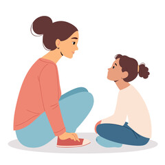 Illustration of a mother and child sitting face-to-face on the floor in a simple, colorful setting.