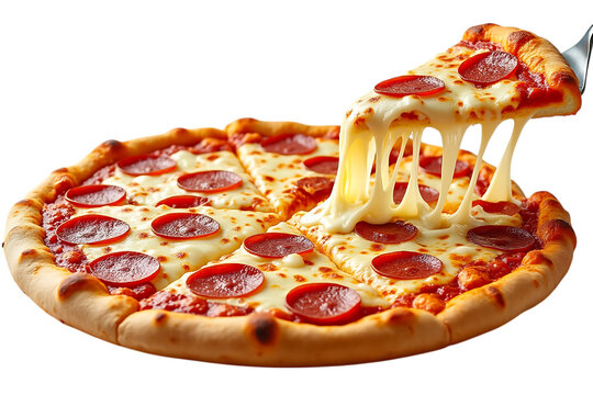  a delicious slice of pepperoni pizza with melted cheese being pulled, isolated on transparent background