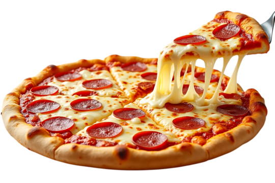  a delicious slice of pepperoni pizza with melted cheese being pulled, isolated on transparent background
