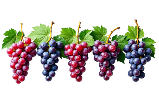  five bunches of fresh red and blue grapes with green leaves, isolated on transparent background