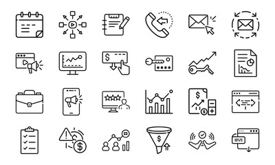 24 Business and Marketing Line Icons Analytics, SEO, Email Marketing, Digital Advertising, Sales, Finance, Data Security, Strategy, and Web Development Vector Icon Set