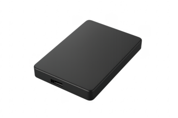 Black external hard drive with usb connection on transparent background
