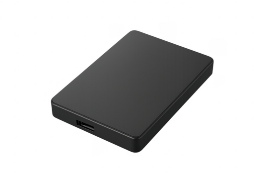Black external hard drive with usb connection on transparent background
