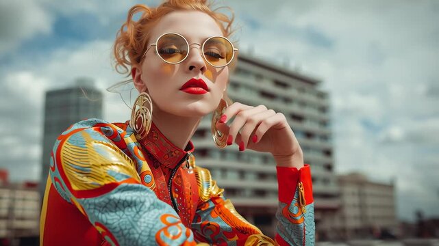 Fashion model in bold patterned outfit with orange and blue tones, wearing round sunglasses and statement jewelry, posing in urban cityscape