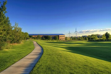 Serene Pathway Winding Through Sustainable Eco-Friendly Campus with Wind Turbines and Solar Panels on Sunny Day
