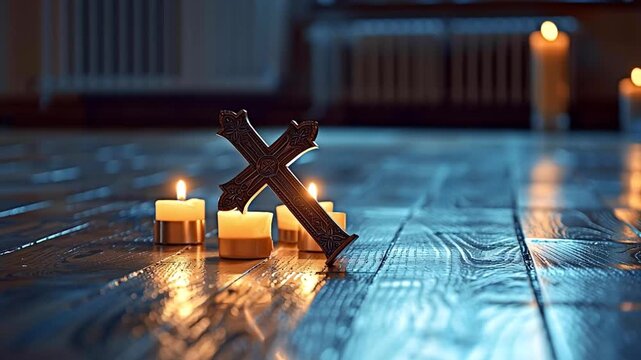Wooden cross descending near illuminated white candles on wooden church floor, embodying profound spiritual symbolism and emotional depth of religious contemplation