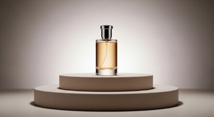 Clear glass perfume bottle with golden liquid on a two-tiered beige display pedestal glass bottle fragrance