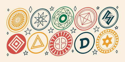vintage circular logo badges and emblems collection with colorful geometric symbols and letters
