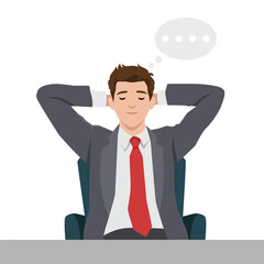 Businessman leans back with his hands behind his head, eyes closed, and a thought bubble above. Flat vector illustration isolated on white background