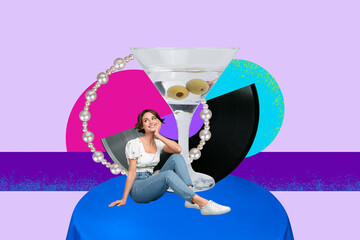 Collage of joyful person cocktail glass bright colors celebrating party alcohol drinks bartender...