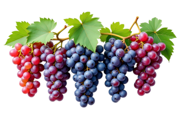  bunches of fresh red and blue grapes with green leaves, isolated on transparent background