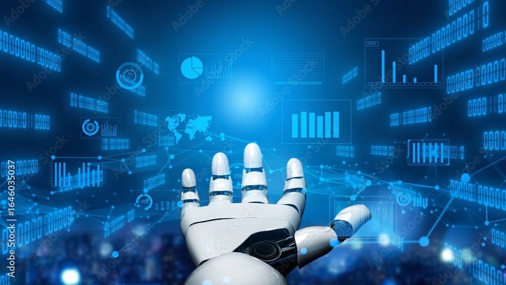 Poster a dynamic image showcasing a robotic hand reaching out towards various data visualizations, symboliz
