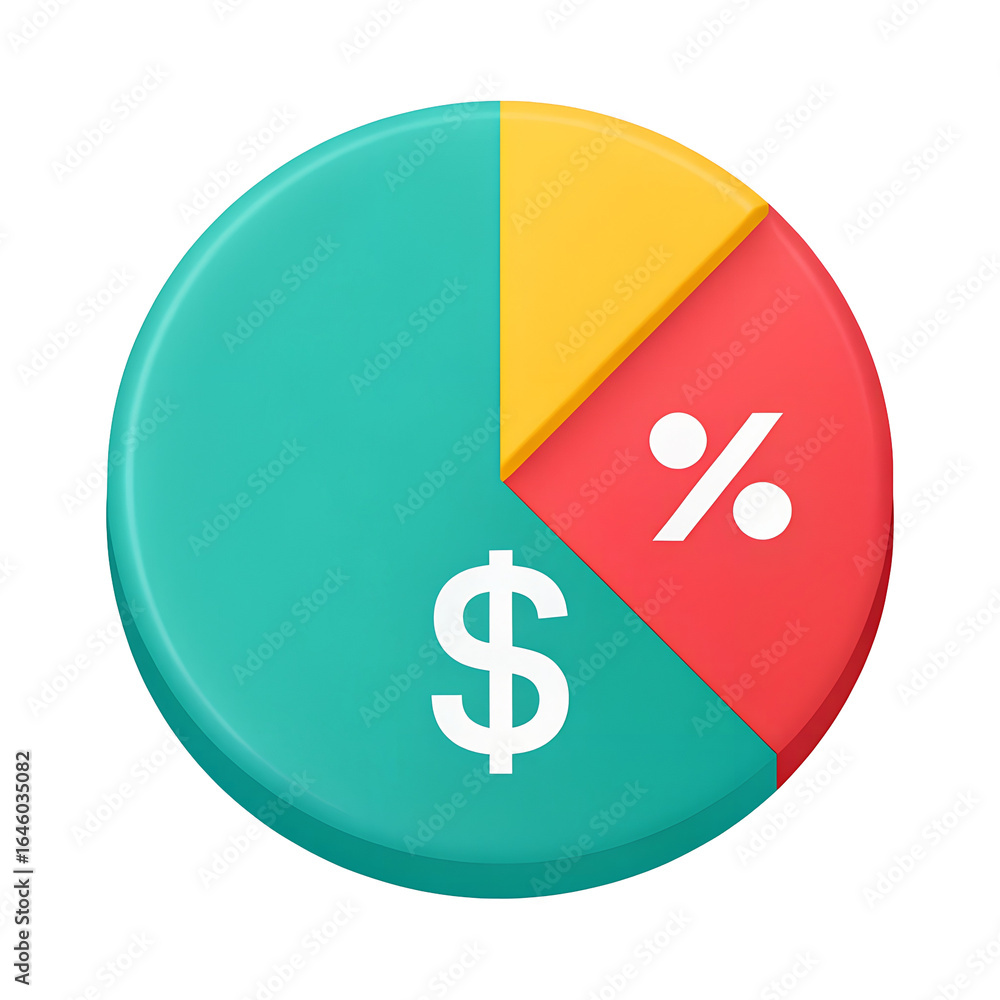 Poster colorful pie chart with dollar and percentage symbols isolated on transparent background