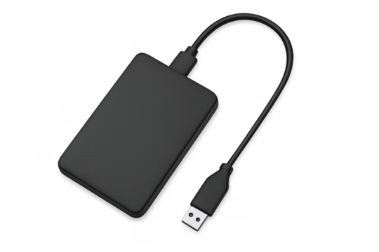 Black external hard drive with usb cable on transparent background
