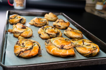 Puff pastry chocolate swirls. Dessert. Pastry