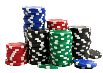 Colorful stacked poker chips, isolated on white background