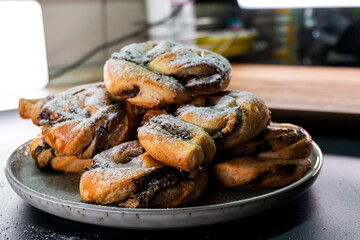 Puff pastry chocolate swirls. Dessert. Pastry