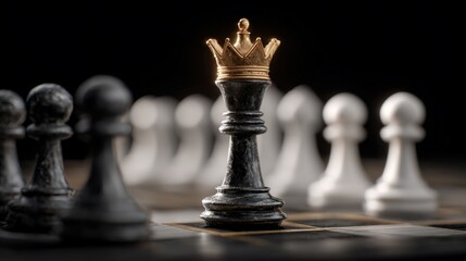 Golden crowned queen chess piece stands out with pawns in focus on a chess board, for strategy