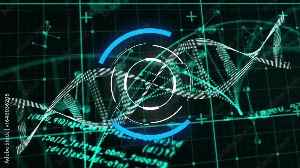 Poster scrolling code initiating dna helix undulating and rotating under pulsing hud rings showing genome