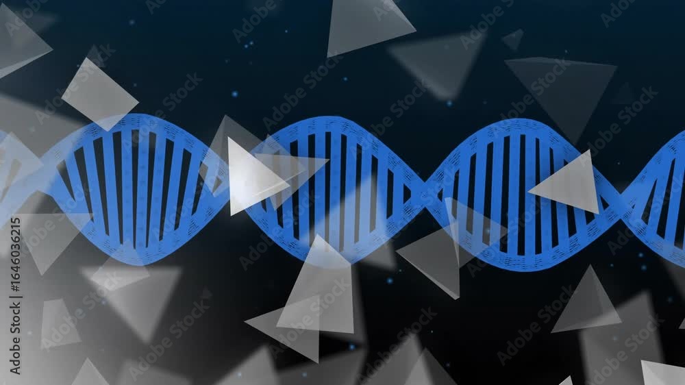 Poster at start blue dna helix pulsating while triangular shards swirling to illustrate molecular dynamics