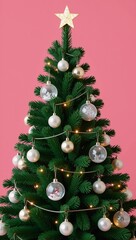 A festive 3D-rendered Christmas scene features an isolated green tree adorned with snowy ornaments against a vibrant pink backdrop - Merry Christmas  Happy New Year