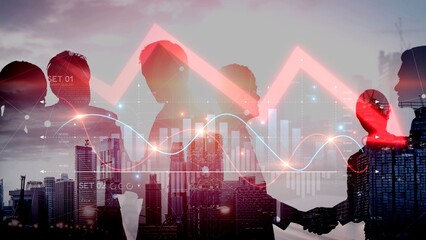 Economic caution visualized with fluctuating market graph, alert symbols, and negative data trends....
