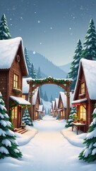 Winter-themed watercolor digitized clipart featuring a snowy Christmas village with a forested backdrop