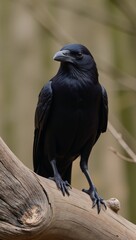 Majestic crow perched on weathered fallen tree Crow Weathered Dramatic