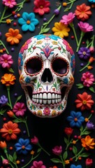 Dia de los Muertos-themed calavera  flowery wallpaper featuring vibrant colors on a dark backdrop cultural traditional