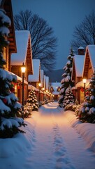 A glistening Christmas village under soft winter snow illuminated by twinkling lights and adorned with festive evergreens