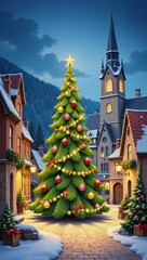 Watercolor scene showcasing a Christmas village
