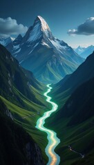 A digital art depiction featuring mountains and rivers constructed from luminous microchip circuits