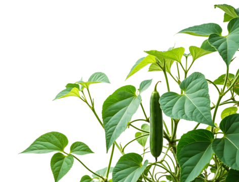  green plant with leaves and a long green pod isolated on transparent background