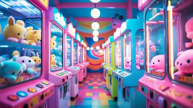 Colorful arcade filled with claw machines containing plush toys and bright neon lights reflecting on vibrant patterned floor tiles

