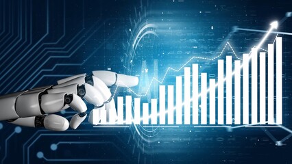 A futuristic robotic hand points towards dynamic digital graphs and data visualizations, symbolizing advanced technology and data analysis in a high-tech environment. Copula