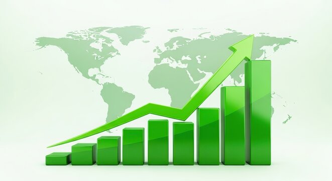 Green bar chart with upward trend arrow over world map background