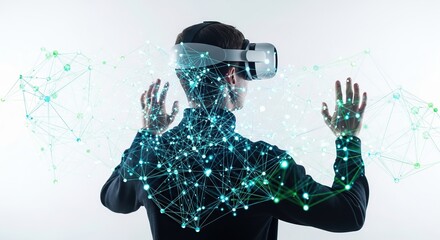 Person wearing virtual reality headset with glowing digital network overlay