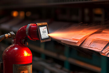 A fire extinguisher spraying a stream of red sparks and smoke onto a stack of papers, with a smartphone screen displaying a graph.