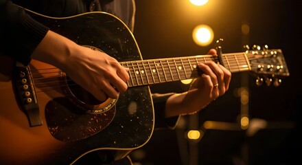 Obraz premium Detailed Perspective of Musician’s Hands Perfecting Jazz Chord Extensions on Polished Electric Guitar Neck