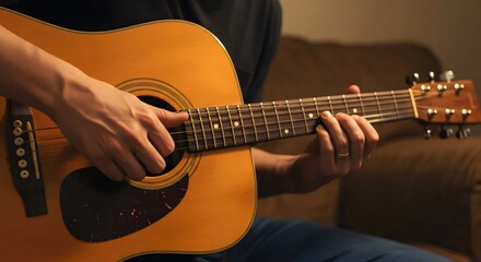 Fototapeta premium Close-Up of Skilled Musician's Hands Strumming Acoustic Guitar Strings in Passionate Folk Performance