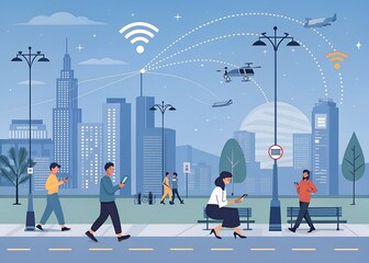 Smart City Residents Using Wireless Technology Outdoors