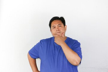 Various expression and gesture of asaian guy wering blue tshirt