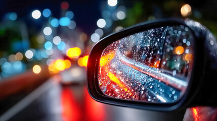 Rain-covered car side mirror reflecting blurred city lights at night