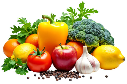  a healthy selection of fresh fruits and vegetables, including yellow bell pepper, apple, lemon, tomato, garlic, and parsley, isolated on transparent background