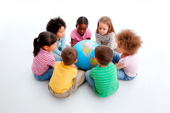 A group of children surrounds a colorful globe, eagerly discussing and exploring different countries and cultures together. Their enthusiasm radiates joy and curiosity.
