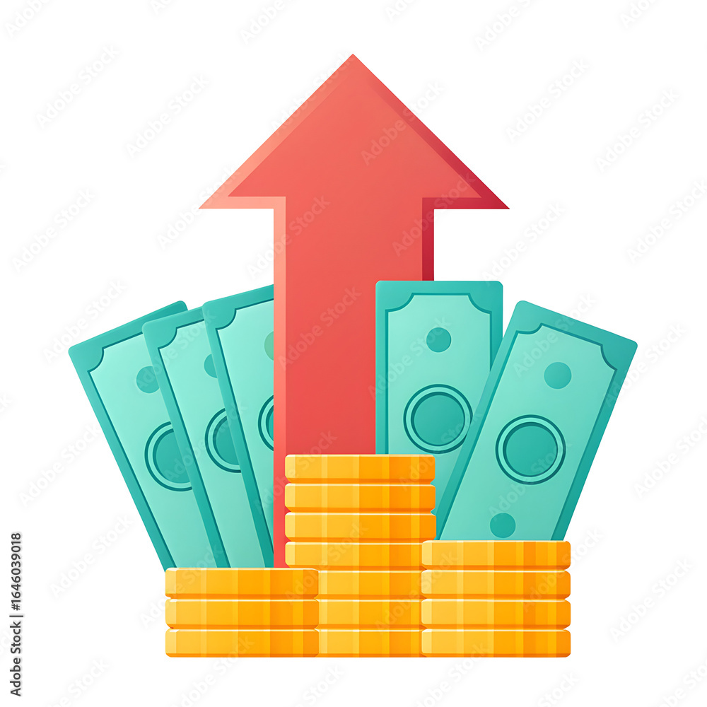 Poster red arrow pointing up from stack of coins and banknotes isolated on transparent background