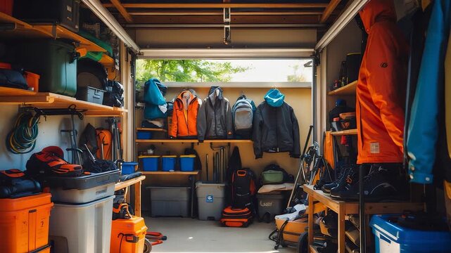 Organized garage storage space with outdoor gear clothing and equipment neatly arranged on shelves and hooks in natural daylight

