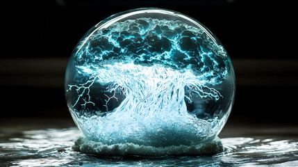 A glowing blue energy tree encased within a clear glass sphere, emitting electrical light on a dark, wet surface.