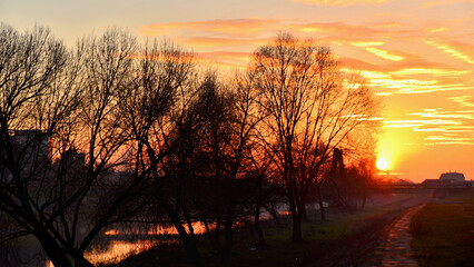 Sunset on the banks of the river in Targu Mures, Transylvania