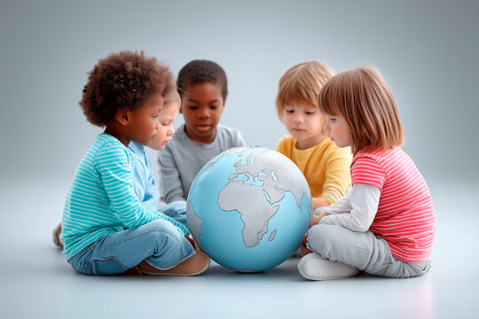 Four children sit together around a globe, engaged in a thoughtful discussion. Their expressions are curious and joyful, representing unity and friendship.